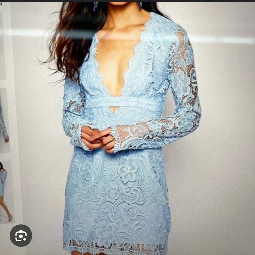 The Jetset Diaries Pisa Blue Lace Mini Dress Bodycon Plunge Neckline Size L #652